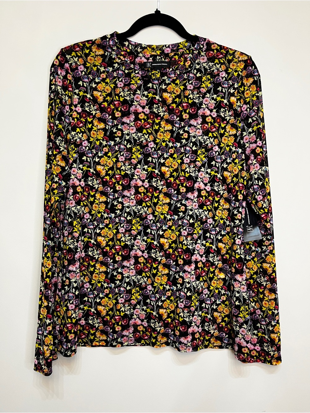Floral Long-Sleeve Top - Black w Yellow & Pink Flowers - Picture 3 of 8